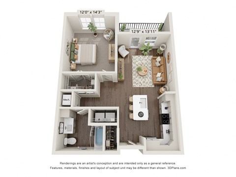 Floor plan for 1 bed, 1 bath, 711 sqft